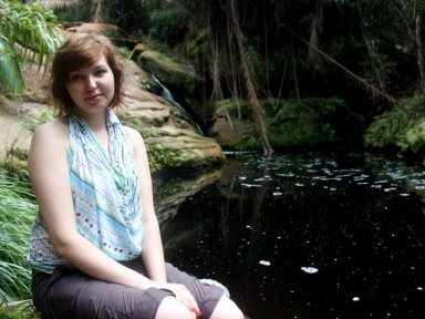 Model at the waterfall